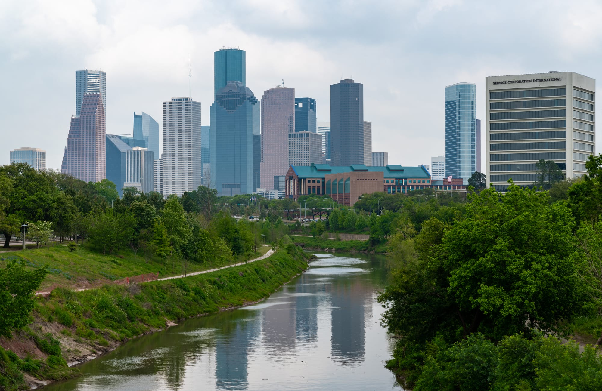 Buffalo Bayou winding toward downtown Houston