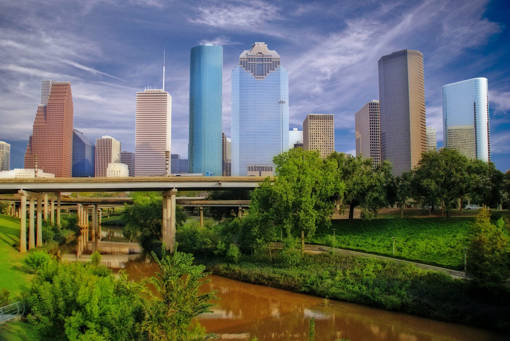 Downtown Houston skyline above Buffalo Bayou