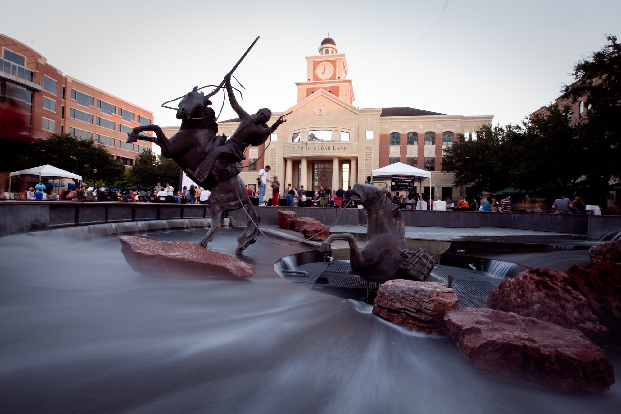 Sugar Land Town Square at dusk